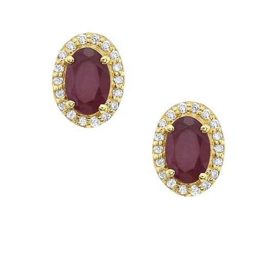Ruby Oval  Halo Diamonds Studs Earrings