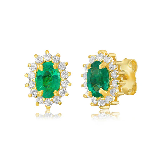 Emerald Oval Shape With Halo Diamonds Studs